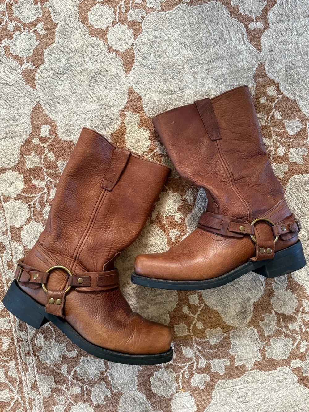 Brown Square toe leather harness boots sz 9.5